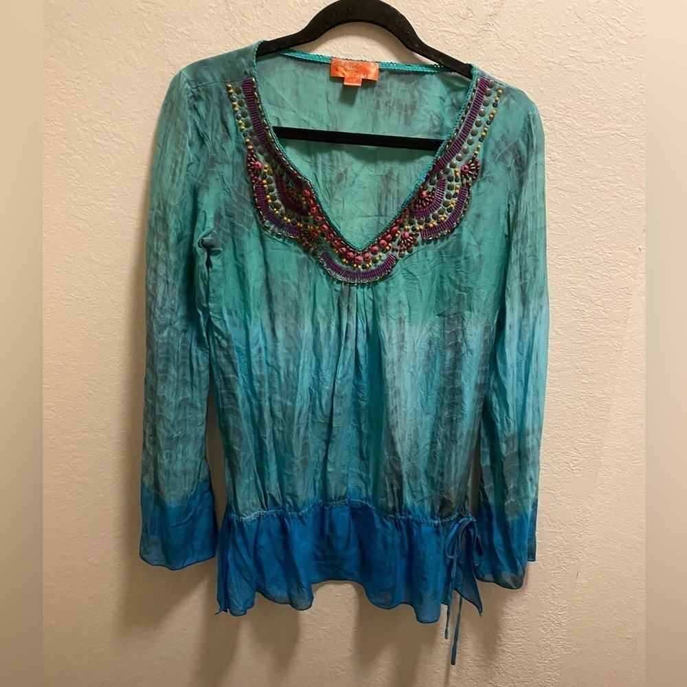 Hale Bob Cabana Silk Ombre Tie Dye Beaded V-Neck Top With Drawstring Waist